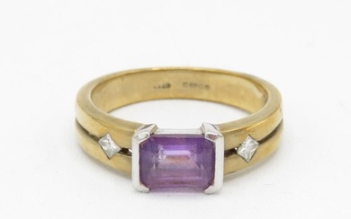 9ct gold emerald cut amethyst single stone ring with diamond...