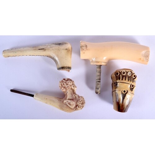 A 19TH CENTURY ANGLO INDIAN CARVED IVORY CANE HANDLE togethe...