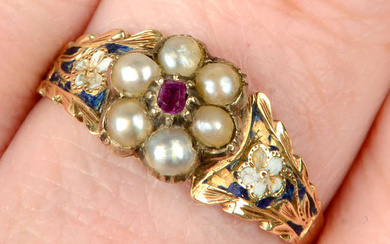 A 19th century gold ruby and split pearl cluster ring, with enamel pansy shoulders.