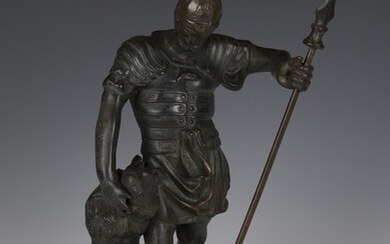 A 20th century dark brown patinated cast bronze figure of a Roman soldier, height 42cm, together wit