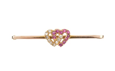 A 9ct gold diamond and ruby bar brooch, of entwined...