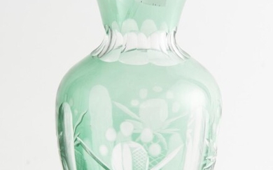A BOHEMIAN GREEN CUT GLASS VASE, 19 CM HIGH, LEONARD JOEL LOCAL DELIVERY SIZE: SMALL