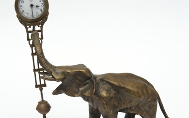 A BRONZE ANIMALIA MYSTERY CLOCK (MODERN), CAST IN THE FORM OF AN ELEPHANT WITH ITS TRUNK RAISED HOLDING THE PENDULUM WITH INTEGRAL E...
