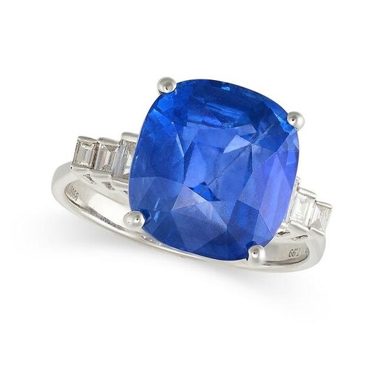 A CEYLON NO HEAT SAPPHIRE AND DIAMOND RING in 18ct white gold, set with a cushion cut sapphire of