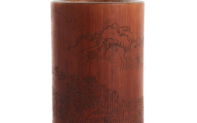 A CHINESE CARVED BAMBOO INSCRIBED 'MOUNTAIN LANDSCAPE' BRUSH BOT, BITONG.