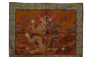 A CHINESE EMBROIDERED DRAGON HANGING PANEL