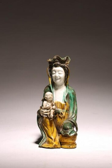 A CHINESE FAMILLE VERTE BISCUIT GUANYIN AND CHILD