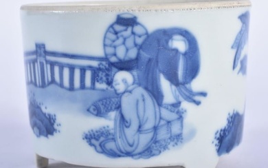 A CHINESE QING DYNASTY BLUE AND WHITE PORCELAIN CENSER painted with figures in landscapes. 8.5 cm x
