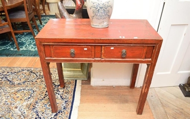 A CHINESE TWO DOOR HALL TABLE IN RED LAQUER 90H x 95W x 44cmD