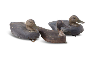 A COLLECTION OF THREE CARVED AND PAINTED DECOY DUCKS....
