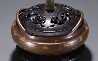 A Chinese Carved Bronze Incense Burner with Wood Cover and Base