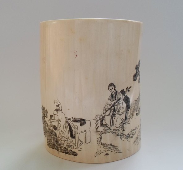 A Chinese Etched Ivory Brush Pot