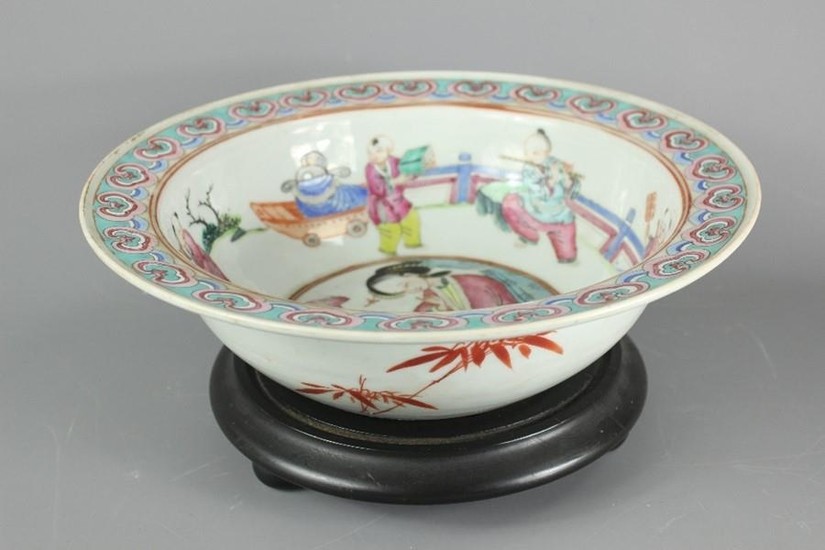 A Chinese Famile Rose bowl, the interior painted with childr...