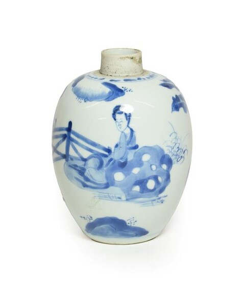 A Chinese Porcelain Jar, Kangxi, of ovoid form, painted in underglaze blue with maidens in a fenced