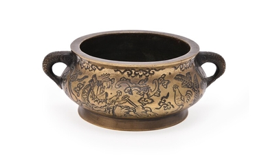 A Chinese carved 'Immortals' bronze censer