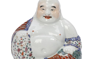 A Chinese enamelled porcelain Budai seated with a mala in his right...