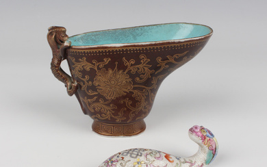 A Chinese gilt decorated brown ground porcelain libation cup, mark of Qianlong but later Qing dynast