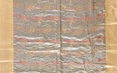 A Chinese silk woven tablecloth, size 197 x 136cm together with two further silk panels and a framed watercolour on silk painting, framed si