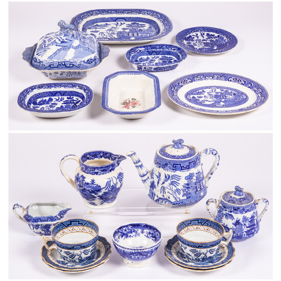 A Collection of Blue Willow Pattern Porcelain Serving Items