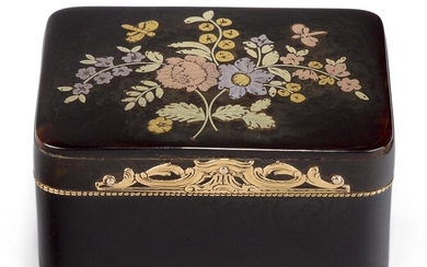 A Continental gold-mounted tortoiseshell snuff box, probably German, 19th century, the cover inlaid with flowers sprays and two butterflies in four colours of gold, scroll thumbpiece, 3cm high, 6.2cm wide, 4.7cm deep Provenance: Christie's, London...