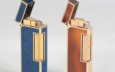 A Dunhill gilt metal and dark blue enamelled gas lighter, detailed 'Made in Switzerland'