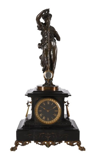A FRENCH PATINATED SPELTER AND GILT BRASS MOUNTED BELGE NOIR MARBLE FIGURAL MYSTERY MANTEL CLOCK