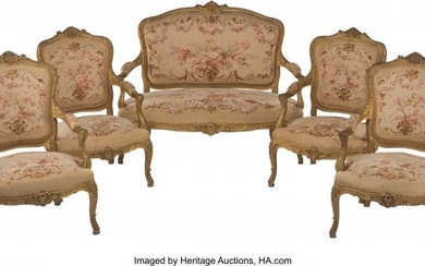 A Five-Piece Louis XV-Style Giltwood and Tapestr
