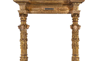 A French Baroque Carved Giltwood Pediment and Two Columns