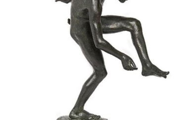 A French or Italian bronze model of a Baccante, late 19th century, on a stepped green marble and associated later bronze base, the bronze 33cm high