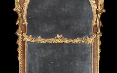 A GEORGE II WALNUT AND GILTWOOD WALL MIRROR, CIRCA 1745-50