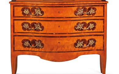 A GEORGE III-STYLE INDIAN ROSEWOOD CROSSBANDED AND MARQUETRY INLAID SATINWOOD SERPENTINE COMMODE, LATE 19TH CENTURY, RETAILED BY DRUCE & CO