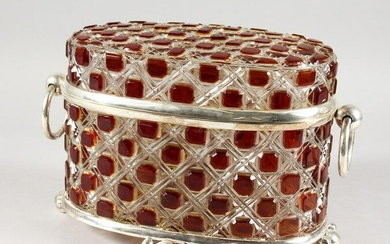 A GOOD LARGE OVAL CUT GLASS AND PLATED CASKET. 13"