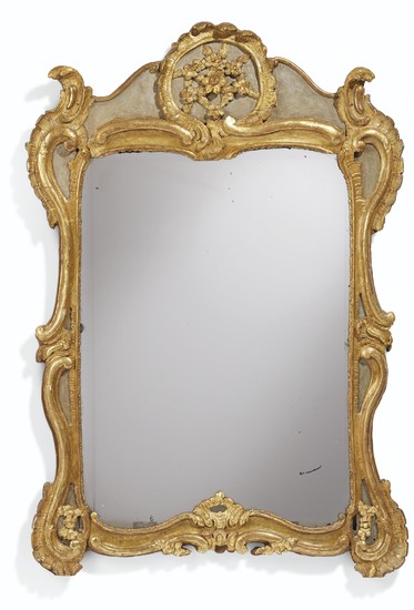 A GREY PAINTED AND PARCEL-GILT MIRROR, POSSIBLY MID-18TH CENTURY