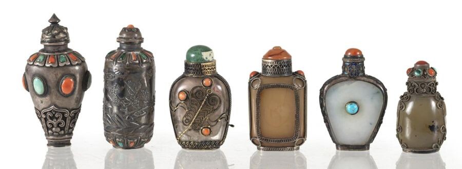 A GROUP OF SIX SILVER AND SILVER-MOUNTED SNUFF BOTTLES, China/Mongolia, 19th/early 20th ct. - h. 4,5-8 cm