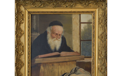 A. Heine Oil Painting of Rabbi studying, 20th century...
