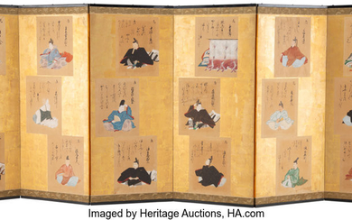 A Japanese Six-Pannel Screen with Ink and Color on Paper Paintings of Immortal Poets