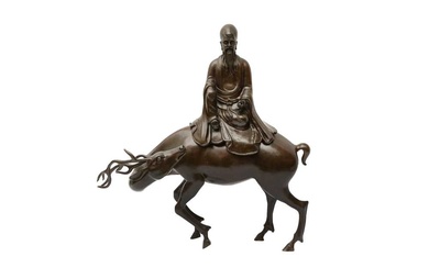 A LARGE CHINESE BRONZE 'SHOU LAO AND DEER' INCENSE BURNER 十七至十八世紀 銅壽老騎鹿熏爐