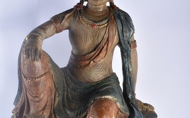 A LARGE EARLY 20TH CENTURY CHINESE CARVED WOOD PAINTED FIGURE OF A BUDDHA modelled seated upon a lar
