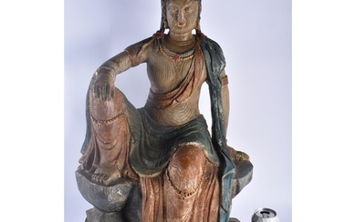 A LARGE EARLY 20TH CENTURY CHINESE CARVED WOOD PAINTED FIGUR...