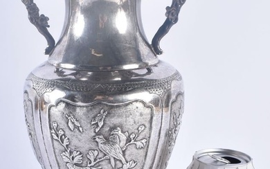 A LARGE LATE 19TH CENTURY CHINESE EXPORT TWIN HANDLED VASE probably silver. 730 grams. 30cm high.