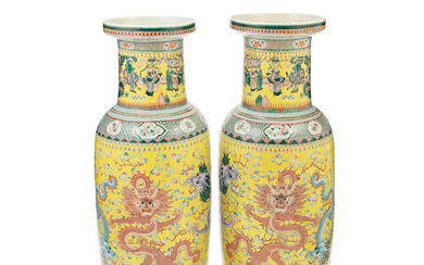 A LARGE PAIR OF FAMILLE ROSE YELLOW-GROUND 'FIVE DRAGON' ROULEAU VASES
