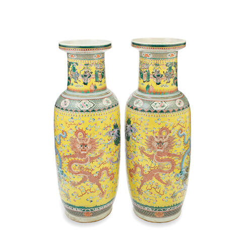 A LARGE PAIR OF FAMILLE ROSE YELLOW-GROUND 'FIVE DRAGON' ROULEAU VASES