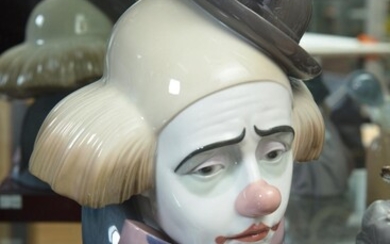 A LLADRO CLOWN BUST ON STAND