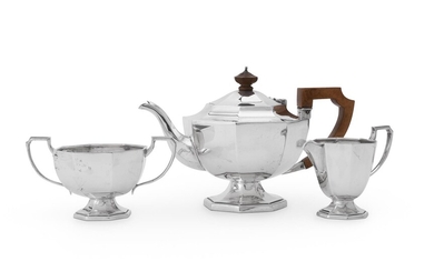 A MATCHED SILVER OCTAGONAL THREE PIECE TEA SERVICE, R.F. MOSLEY & CO.