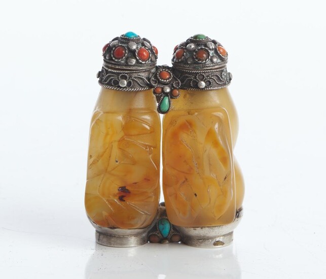 A MONGOLIAN SILVER AND HARDSTONE DOUBLE SNUFF BOTTLE CIRCA 19TH CENTURY