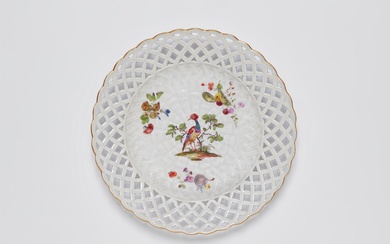 A Meissen porcelain pierced dessert plate from a service for King Frederick II with Indian birds, fruit and flowers