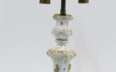 A Meissen porcelain table centrepiece converted to a three-light lamp, late 19th...