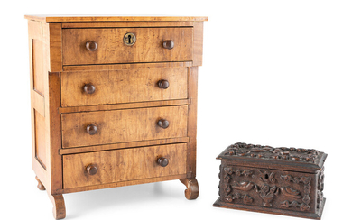 A Miniature Classical Chest of Drawers and Carved Box