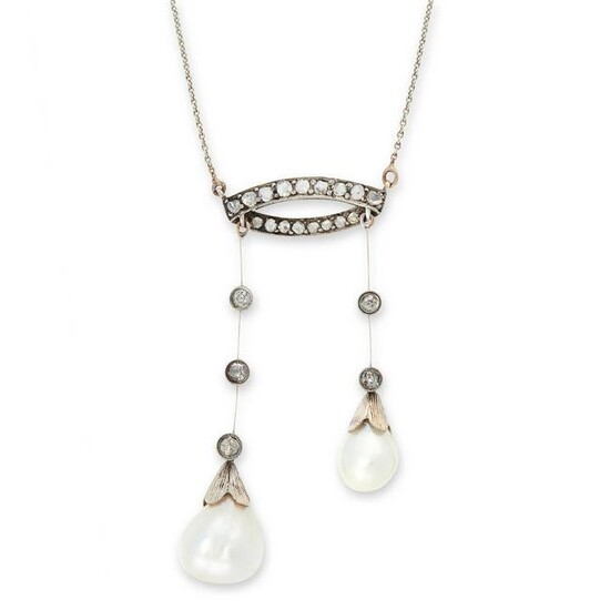A NATURAL PEARL AND DIAMOND NEGLIGEE NECKLACE, EARLY