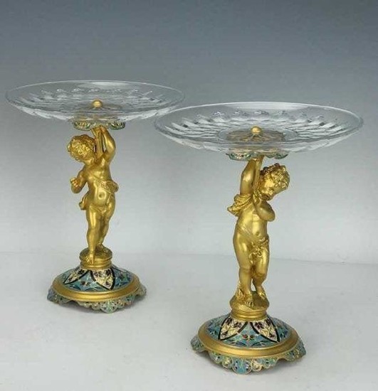 A PAIR OF CHAMPLEVE ENAMEL & BACCARAT GLASS TAZZAS